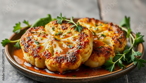 cauliflower steaks with herb sauce and spice. plant based meat substitute isolated with white shades, png