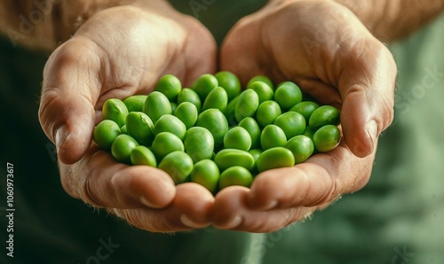 Green peas in farmer's hands, background with copy space