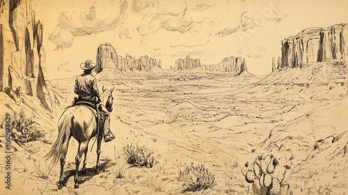 Cowboy Riding Horse in Monument Valley Desert Landscape Pen Sketch Drawing photo