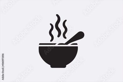 Black silhouette of a bowl of hot soup with a spoon.