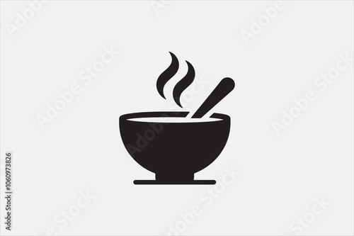 Black silhouette of a bowl of hot soup with a spoon.