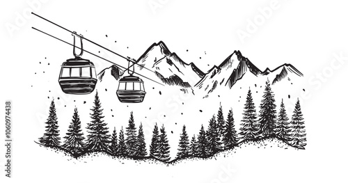 Ski lift in the mountains, hand drawn.	
