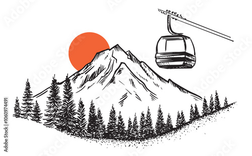 Ski lift in the mountains, hand drawn.	
