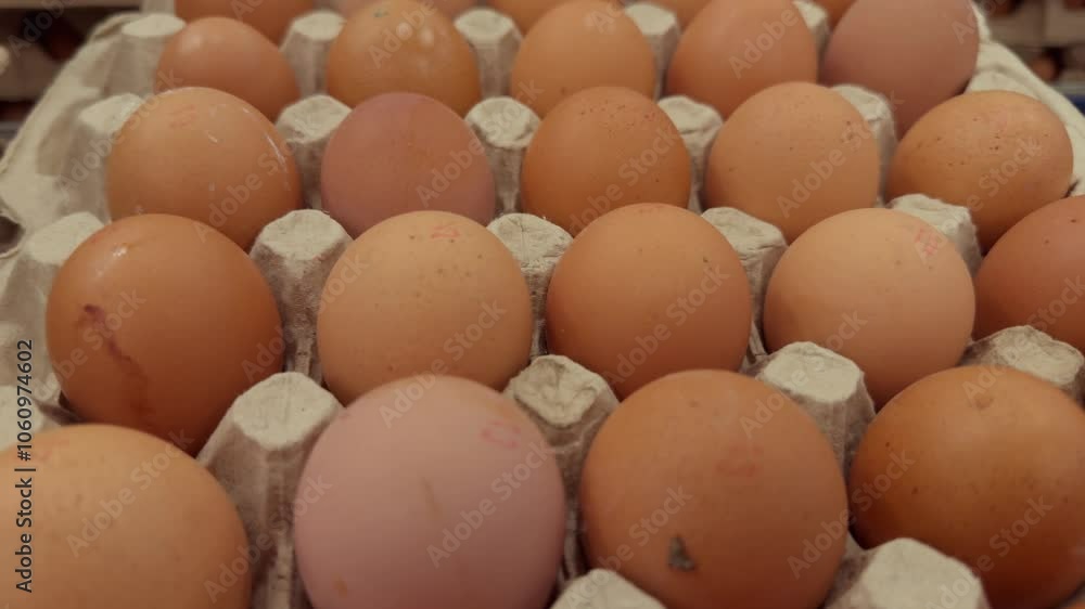 Tilt shot of stacked cardboard egg tray boxes with fresh eggs that lie on a supermarket shelf to be sold Tilt shot of stacked cardboard egg tray boxes with fresh eggs that lie on a supermarket shelf to be sold