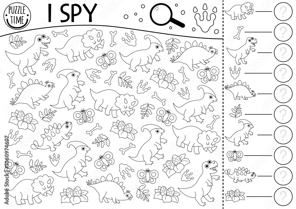 Obraz premium Dinosaur black and white I spy game for kids. Searching and counting line activity with T-rex, triceratops, stegosaurus. Prehistoric printable worksheet, coloring page. Simple dino spotting puzzle
