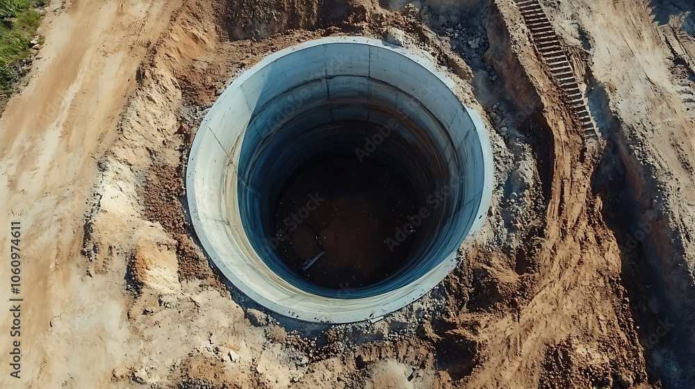 On the construction site are water pipes for the supply of drinking water, Aerial view of a big concrete pipe, getting ready to lay an underground pipeline through earthworks, Modern water supply sys On the construction site are water pipes for the supply of drinking water, Aerial view of a big concrete pipe, getting ready to lay an underground pipeline through earthworks, Modern water supply sys