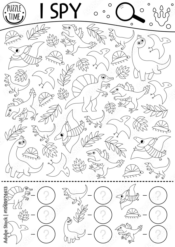 Dinosaur black and white I spy game for kids. Searching and counting line activity with brachiosaur, pterosaur, velociraptor. Prehistoric printable worksheet, coloring page. Dino spotting puzzle Dinosaur black and white I spy game for kids. Searching and counting line activity with brachiosaur, pterosaur, velociraptor. Prehistoric printable worksheet, coloring page. Dino spotting puzzle