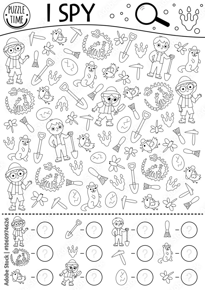 Dinosaur black and white I spy game for kids. Searching and counting line activity with paleontologists, bones, skeleton. Prehistoric printable worksheet, coloring page. Simple dino spotting puzzle Dinosaur black and white I spy game for kids. Searching and counting line activity with paleontologists, bones, skeleton. Prehistoric printable worksheet, coloring page. Simple dino spotting puzzle