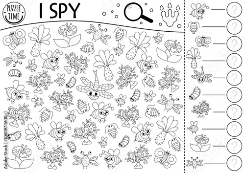 Dinosaur black and white I spy game for kids. Searching and counting line activity with ancient insects. Prehistoric printable worksheet, coloring page. Simple dino spotting puzzle with bee, centipede