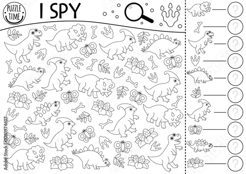 Dinosaur black and white I spy game for kids. Searching and counting line activity with T-rex, triceratops, stegosaurus. Prehistoric printable worksheet, coloring page. Simple dino spotting puzzle