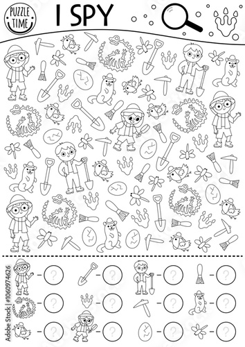 Dinosaur black and white I spy game for kids. Searching and counting line activity with paleontologists, bones, skeleton. Prehistoric printable worksheet, coloring page. Simple dino spotting puzzle