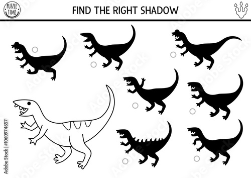 Dinosaur black and white shadow matching activity with ancient animal. Prehistoric line puzzle with compsognathus. Find correct silhouette printable worksheet, game, coloring page for kids