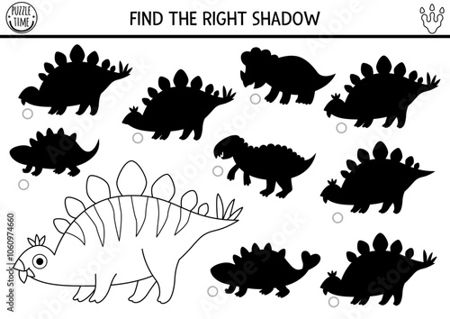 Dinosaur black and white shadow matching activity with ancient animal. Prehistoric line puzzle with stegosaur. Find correct silhouette printable worksheet, game, coloring page for kids