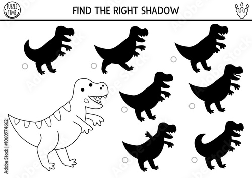 Dinosaur black and white shadow matching activity with ancient animal. Prehistoric line puzzle with tyrannosaur. Find correct silhouette printable worksheet, game, coloring page for kids with T-rex