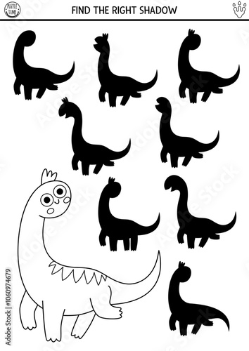 Dinosaur black and white shadow matching activity with ancient animal. Prehistoric puzzle with brachiosaur. Find correct silhouette printable worksheet, game, coloring page with diplodocus