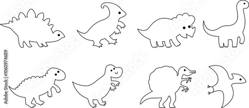 Vector dinosaur contours set. Cute prehistoric animal icons collection. Dino black and white line illustrations with Pterodactyl, Stegosaurus, Tyrannosaurus, Triceratops, T-Rex for kids photo