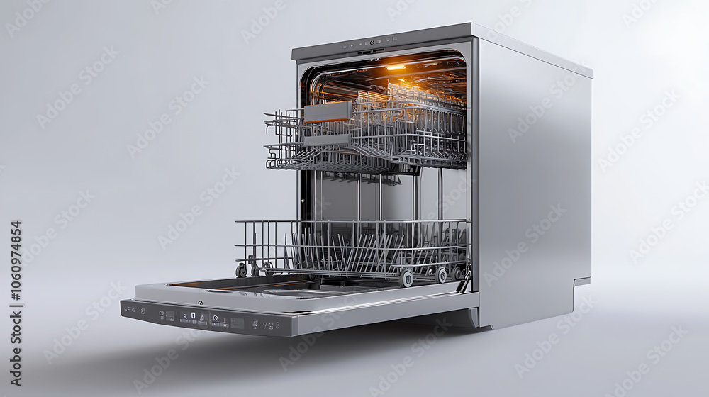 open empty dishwasher with racks and baskets kitchen appliance 3d rendering open empty dishwasher with racks and baskets kitchen appliance 3d rendering