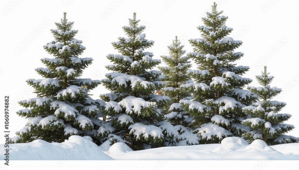 Snow-covered spruce on white background, isolated object. AI generated. Snow-covered spruce on white background, isolated object. AI generated.