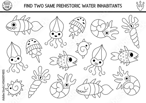 Find two same prehistoric water inhabitants. Black and white matching activity. Dinosaur educational line quiz worksheet for kids with ancient ocean animals. Printable game, coloring page with fish