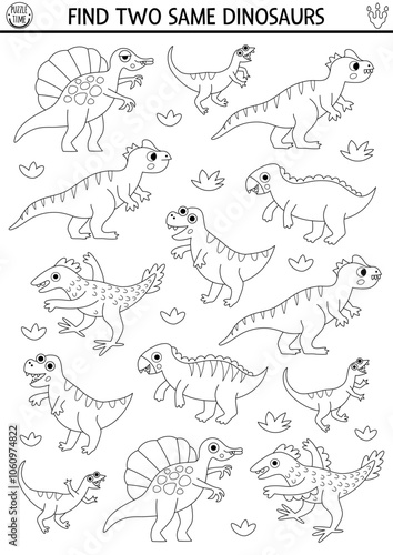 Find two same dinosaurs. Prehistoric black and white matching activity. Dino educational line quiz, worksheet for kids with ancient animals. Printable game, coloring page with T-rex, velociraptor
