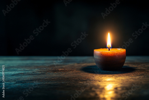 Photo of a single candle burning on an empty table against a dark background,