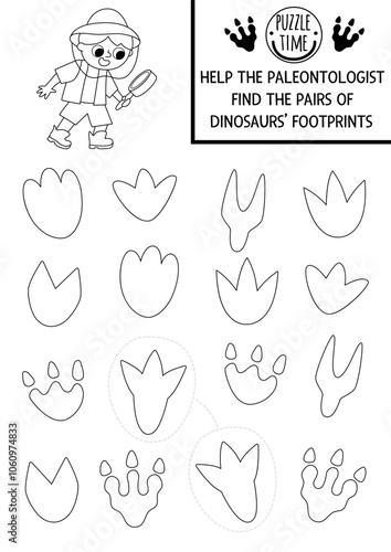 Find pair of dinosaur footprints. Prehistoric black and white matching activity. Dino educational line quiz worksheet for kids. Printable game, coloring page with ancient animal foot print