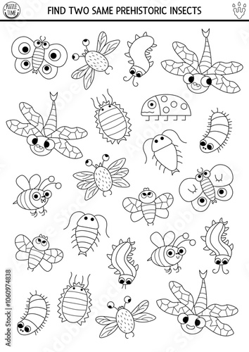 Find two same insects. Prehistoric black and white matching activity. Dinosaur educational line quiz worksheet for kids with ancient bugs. Printable game, coloring page with centipede, bee