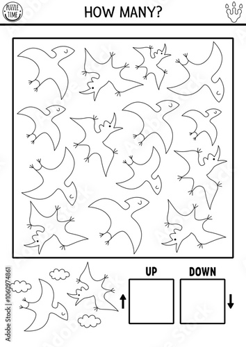 Dinosaur black and white logic game with up and down concept for kids. I spy searching, counting line activity with ancient animal. Prehistoric printable space orientation worksheet with pterosaur