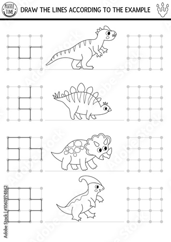 Dinosaur black and white drawing, writing, tracing, space orientation activity for kids with ancient animals. Draw lines according example. Preschool prehistoric game, puzzle, coloring page