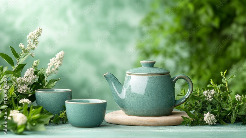 Relaxing herbal tea setup with ceramic teapot and cups surrounded by fresh greenery Relaxing herbal tea setup with ceramic teapot and cups surrounded by fresh greenery