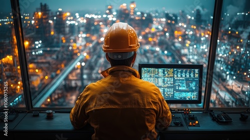 A supervisor reviewing production records and quality control reports in a control room overlooking the factory floor