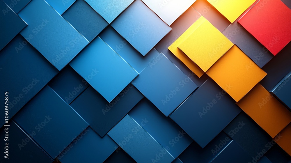 Abstract geometric composition with layered squares in blue, yellow, and red tones. Abstract geometric composition with layered squares in blue, yellow, and red tones.