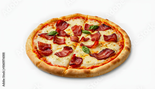 Artisan pizza with bacon isolated with white shades, png