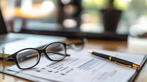 Work injury report form with pen and glasses on desk