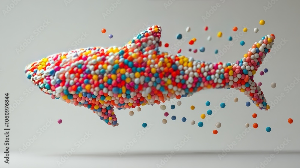 Fototapeta premium Colorful spheres forming a shark shape with some spheres floating around it on a white background.