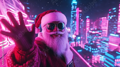 A futuristic Santa Claus in sunglasses waves against a neon city backdrop, blending holiday cheer with a vibrant, cyberpunk aesthetic.