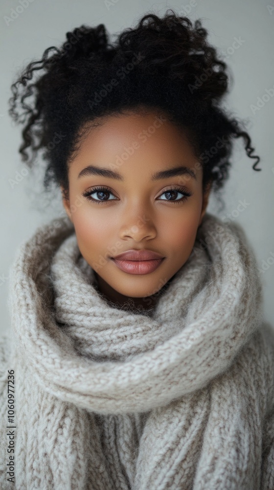 A woman with curly hair and a scarf wrapped around her neck. She has a nice smile and her eyes are closed A woman with curly hair and a scarf wrapped around her neck. She has a nice smile and her eyes are closed