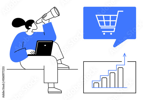 Woman using telescope while working on laptop, observing shopping cart icon and bar chart showing upward trend. Ideal for market research, ecommerce, business growth forecasting, strategic planning