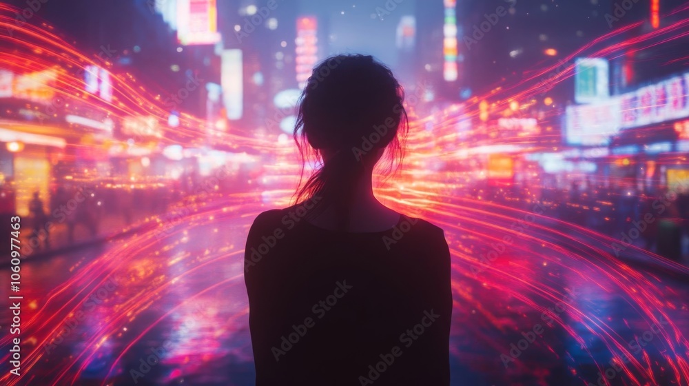 Silhouette of a woman in neon city.
