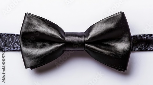 sleek black bow tie placed elegantly against a stark white background, highlighting its classic design and sophistication, perfect for formal occasions or fashion-related themes