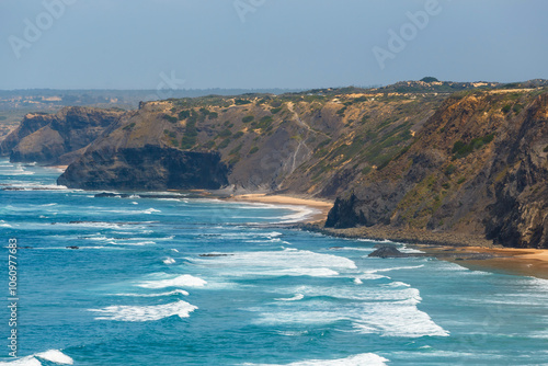 view of the beach Praia do Medo da Fonte Santa on the western part of Algarve, Portugal