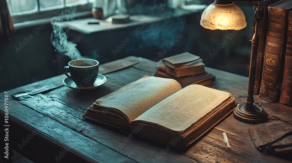 A cozy desk scene featuring an open book, a steaming cup of coffee, and a glowing lamp, creating a warm reading atmosphere. A cozy desk scene featuring an open book, a steaming cup of coffee, and a glowing lamp, creating a warm reading atmosphere.