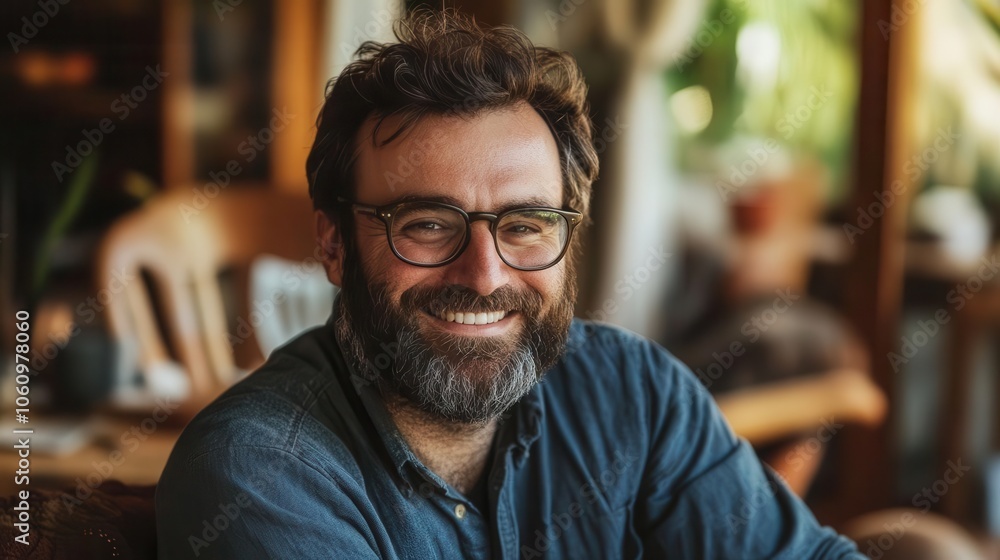 Fototapeta premium smiling bearded man with glasses casually relaxing in a cozy setting, embodying a laid-back lifestyle and friendly demeanor, warmed by soft, natural lighting