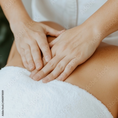 Close-up of a therapist's hands giving a massage to a client's back.