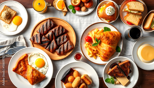 Breakfast food table. Festive brunch set, meal variety with grill platter, fried egg, croissant sandwich, cheese platter and desserts. Overhead view isolated with white shades, png