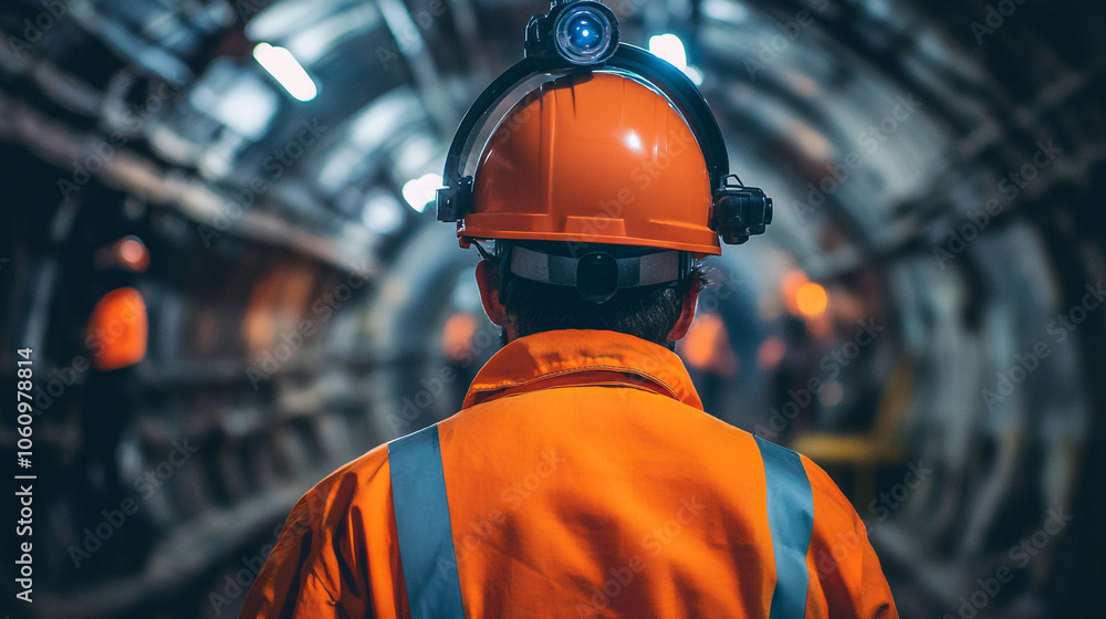Construction Worker in Tunnel with Headlamp and Safety Gear Construction Worker in Tunnel with Headlamp and Safety Gear
