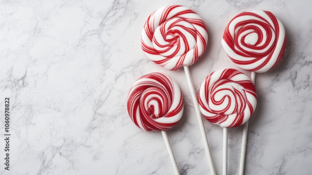 Red and White Swirled Lollipops on a Marble Surface Red and White Swirled Lollipops on a Marble Surface