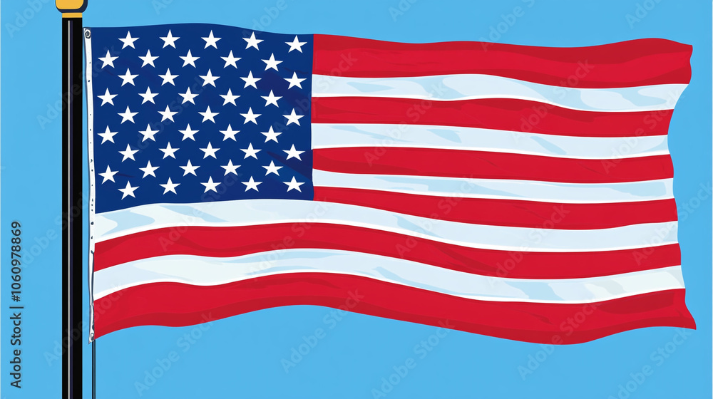 Obraz premium American Flag Waving in Blue Sky Patriotic Symbol of Freedom