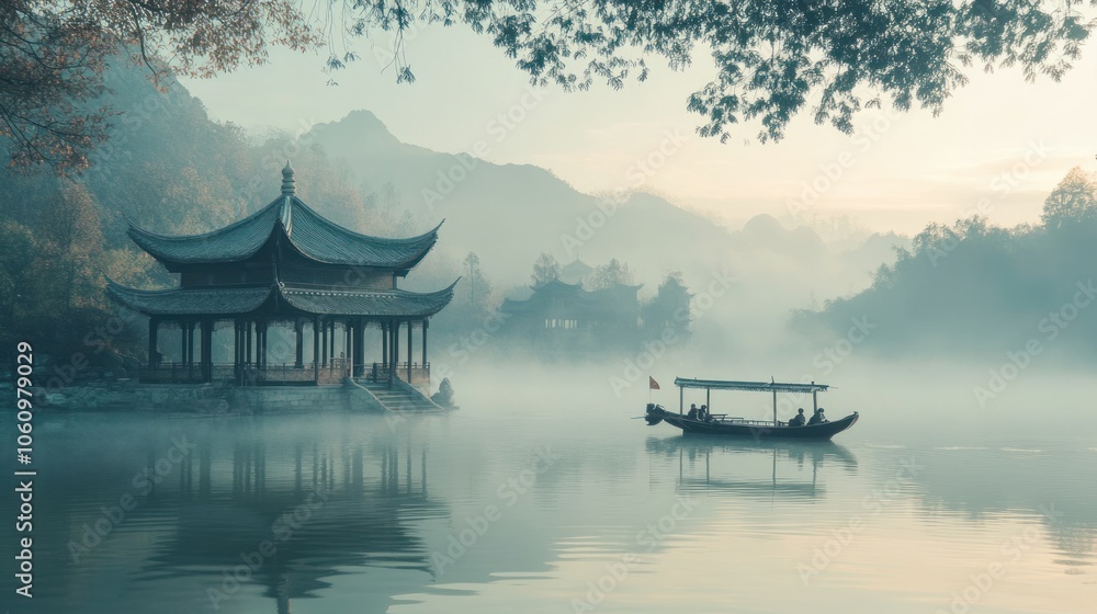 Serene landscape with a pagoda by a misty lake at dawn, featuring a boat and mountains. Serene landscape with a pagoda by a misty lake at dawn, featuring a boat and mountains.