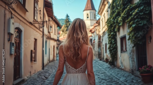 solo female traveler exploring a picturesque european town, wearing a light summer dress, strolling past historic buildings and charming cobblestone streets photo